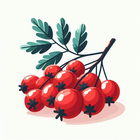 Ripe red rowan berries with green leaves. Vector illustration.のイラスト素材