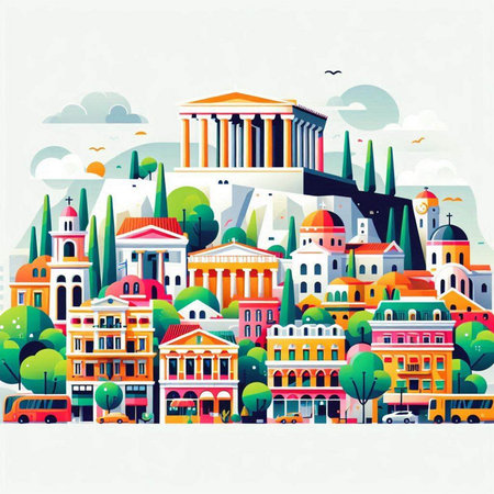 Cityscape of Athens, Greece. Vector illustration in flat style.のイラスト素材