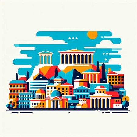 Vector illustration of Athens city skyline in flat style. Travel and tourism concept.のイラスト素材