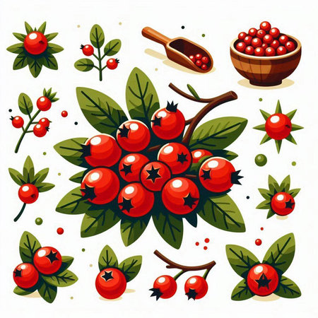 Set of red berries with leaves and wooden spoon. Vector illustration.のイラスト素材