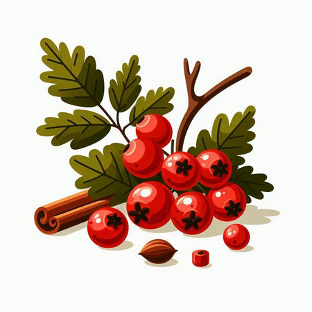 Branch of rowan with red berries and cinnamon. Vector illustration.のイラスト素材