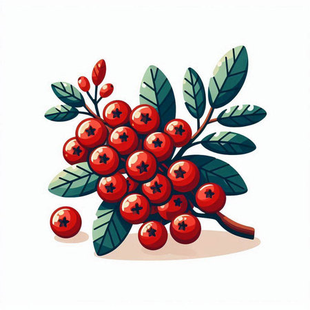 Mountain ash branch with berries and green leaves. Vector illustration.のイラスト素材
