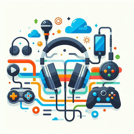 Colorful flat vector illustration of headphones, mobile phone and gamepad.のイラスト素材