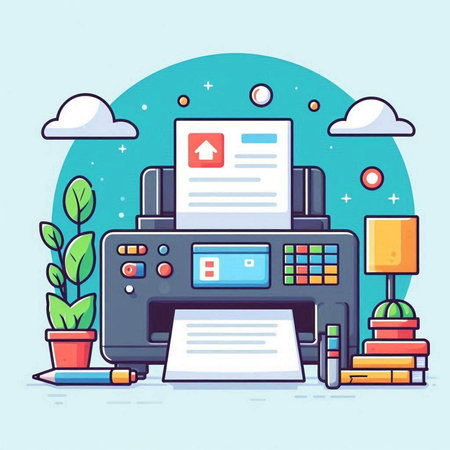 Colorful flat design modern vector illustration concept of home office equipment: printer, books, lamp, plant.のイラスト素材