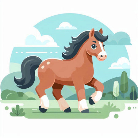 Cute cartoon horse running on the meadow. Vector illustration.のイラスト素材