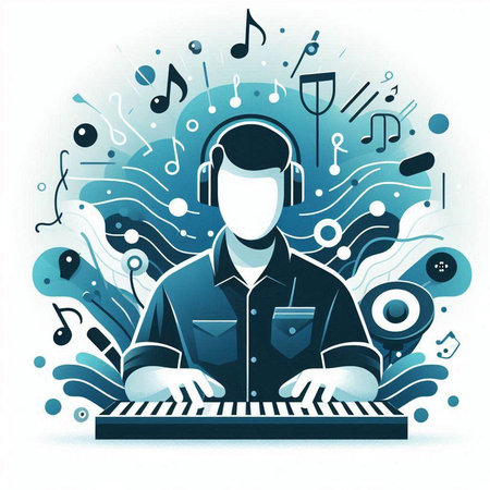 Musician in headphones on the background of musical notes. Vector illustration.のイラスト素材