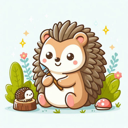 Cute hedgehog with a toothbrush and chocolate cake. Vector illustration.のイラスト素材