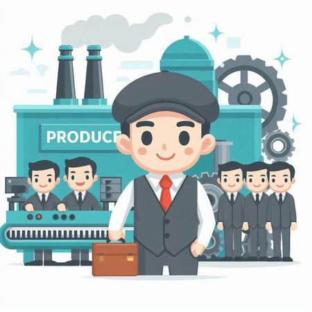 Businessman in front of factory. Vector illustration in flat style.のイラスト素材