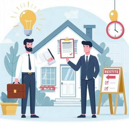 Real estate agent and customer in front of new house, flat vector illustration.のイラスト素材