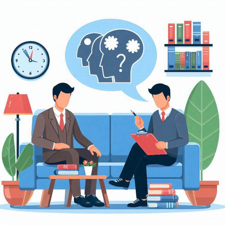 Psychotherapy, psychotherapy, psychotherapy concept. Psychologist talking to patient and making notes in speech bubble. Vector illustration in flat styleのイラスト素材