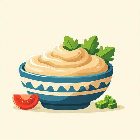 Bowl of hummus with parsley and tomato. Vector illustration.のイラスト素材