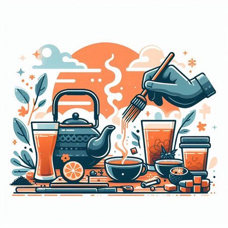 Vector illustration of tea ceremony. Tea ceremony. Teapot, cups, teacups, honey and tea leaves.のイラスト素材