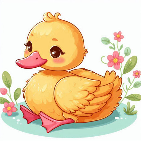 Cute duckling sitting in the water with flowers. Vector illustration.のイラスト素材