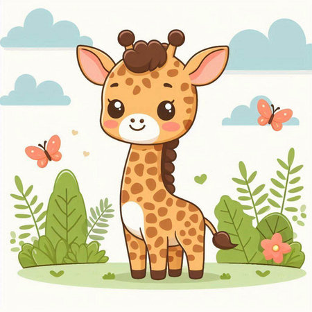 Cute giraffe in the garden. Vector illustration of a cartoon animal.のイラスト素材