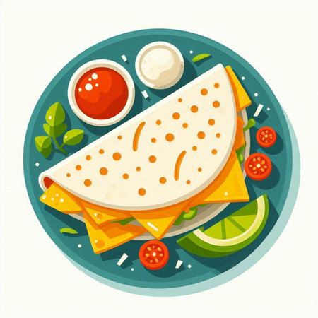 Mexican quesadilla with tomato, mozzarella cheese and chili sauce. Vector illustrationのイラスト素材