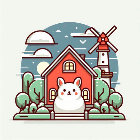 Vector illustration of a cute cat in front of a house and windmillのイラスト素材
