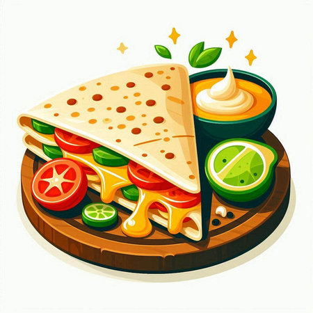 Mexican quesadilla on wooden board. Vector illustration.のイラスト素材