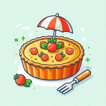 Illustration of a piece of pie with strawberry and cherry and umbrellaのイラスト素材