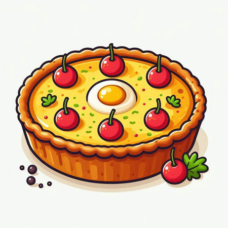 Illustration of a pie with cherry and egg on a white backgroundのイラスト素材