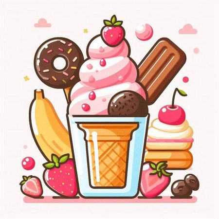 Fruit ice cream in a waffle cup. Vector illustration.のイラスト素材