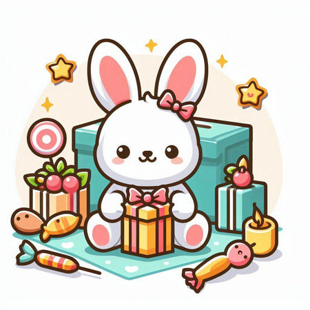 Cute little bunny with gift box and candies. Vector illustration.のイラスト素材