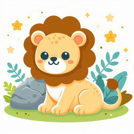 Cute cartoon lion sitting on the grass. Vector illustration isolated on white background.のイラスト素材