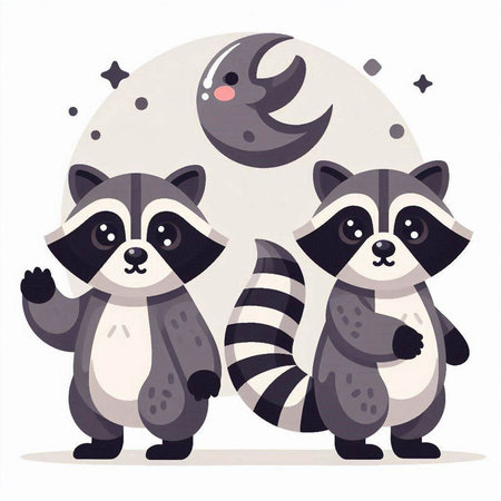 Cute raccoons standing in front of the full moon. Vector illustration.のイラスト素材