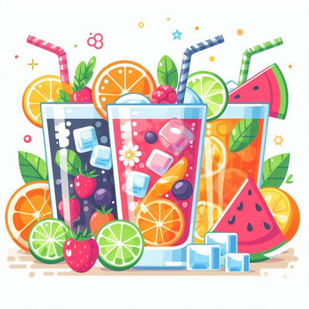 Fruit cocktail in glasses with ice cubes and fruits. Vector illustration.のイラスト素材