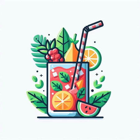 Summer cocktail with fruits and berries. Vector illustration in flat style.のイラスト素材