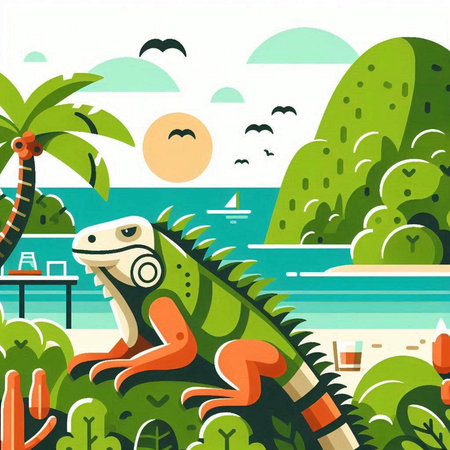 Green iguana on the beach with palm trees. Vector illustration.のイラスト素材