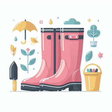 Rain boots and garden tools. Vector illustration in flat cartoon style.のイラスト素材