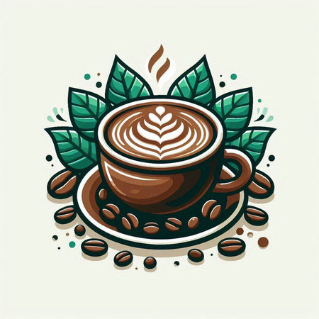 Coffee cup with latte art and leaves. Vector illustrationのイラスト素材