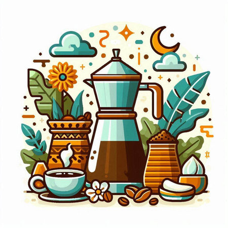 Coffee set, vector illustration in flat design style. Coffee pot, cups, beans, flowers, moon and clouds.のイラスト素材