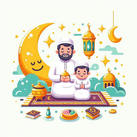 Vector illustration of Muslim family praying in front of crescent moon and mosque.のイラスト素材
