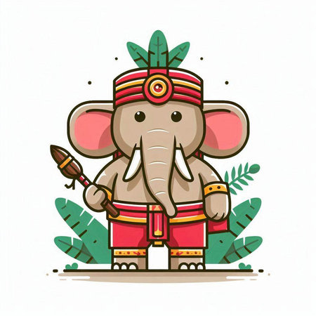 Indian elephant with a spear in his hand. Vector illustration on white background.のイラスト素材