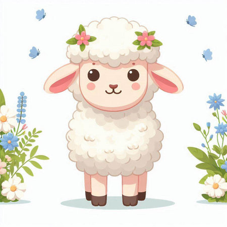Cute sheep with flowers and butterflies on white background. Vector illustration.のイラスト素材