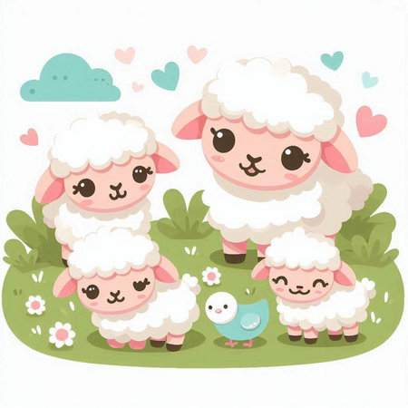 Sheep family in the grass. Cute cartoon vector illustration.のイラスト素材