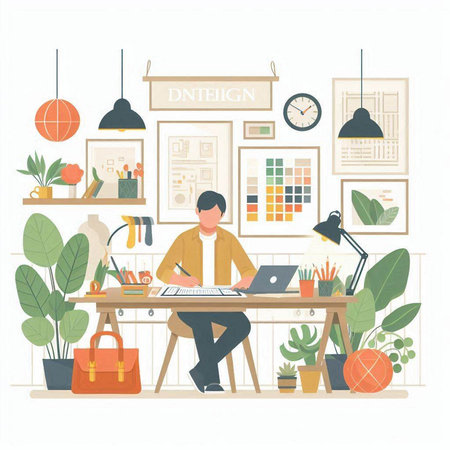 Man working on laptop at desk in office. Vector illustration in flat styleのイラスト素材