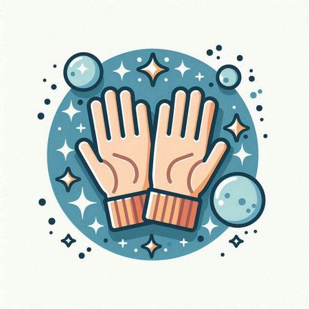 Vector illustration of gloves in circle on white background with stars and bubbles.のイラスト素材