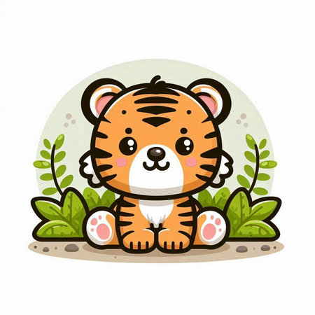 Cute tiger sitting on the ground. Vector illustration in cartoon style.のイラスト素材