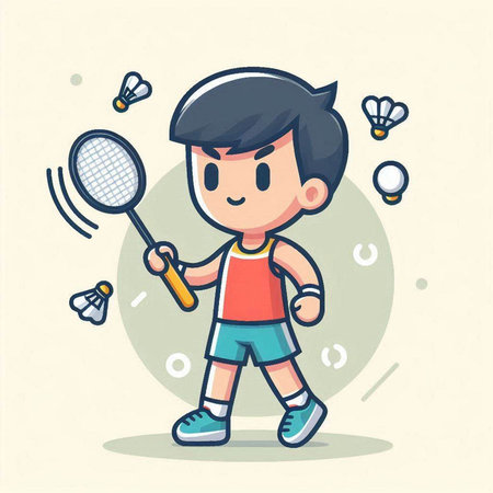 Boy playing badminton. Vector illustration of a boy playing badminton.のイラスト素材