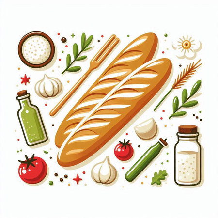 Baguette with olive branch on a white background. Vector illustration.のイラスト素材