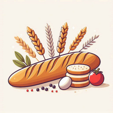 Baguette with tomato sauce and olive branch. Vector illustration.のイラスト素材
