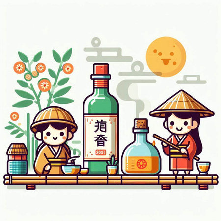 Illustration of a Chinese New Year greeting card with a girl and a bottle of wineのイラスト素材