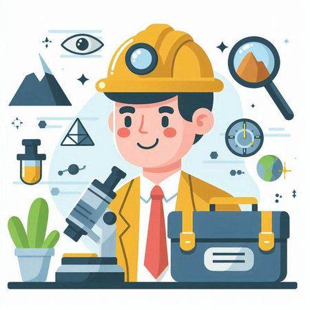 Engineer with equipment. Vector illustration in flat design style. Isolated on white background.のイラスト素材