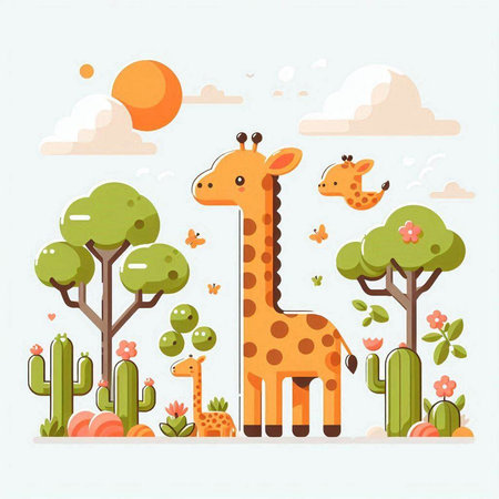 Cute giraffe and cactuses in the jungle. Vector illustrationのイラスト素材