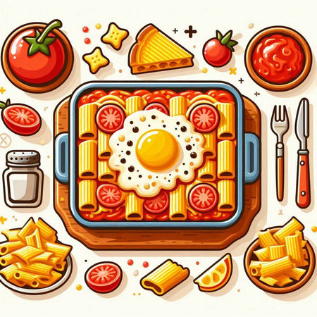 Illustration of a plate of pasta with tomato sauce, cheese and eggのイラスト素材