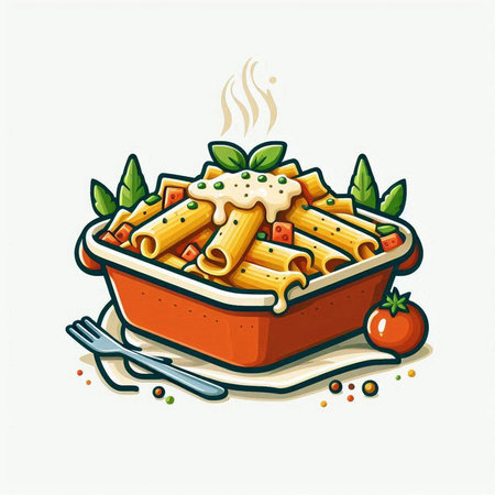 Illustration of a bowl of pasta with tomato sauce and basil.のイラスト素材