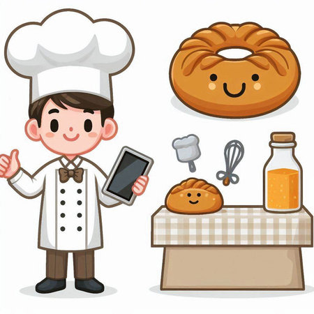 Cute chef and bakery cartoon characters vector illustration. Set of bakery characters.のイラスト素材