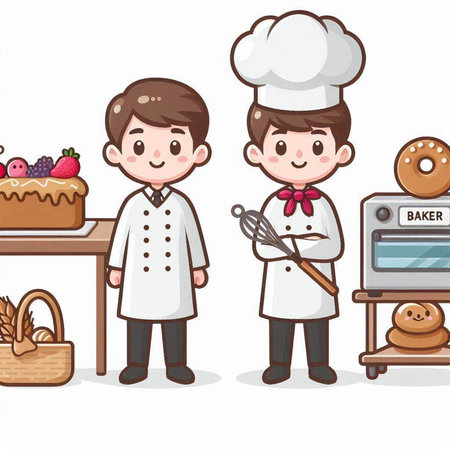 Illustration of a Set of Cute Cartoon Chef and Bakery Charactersのイラスト素材